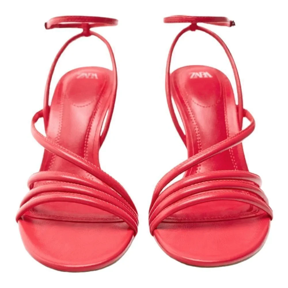 Zara Coral Red High Heeled Strap Sandals - Picture 4 of 15